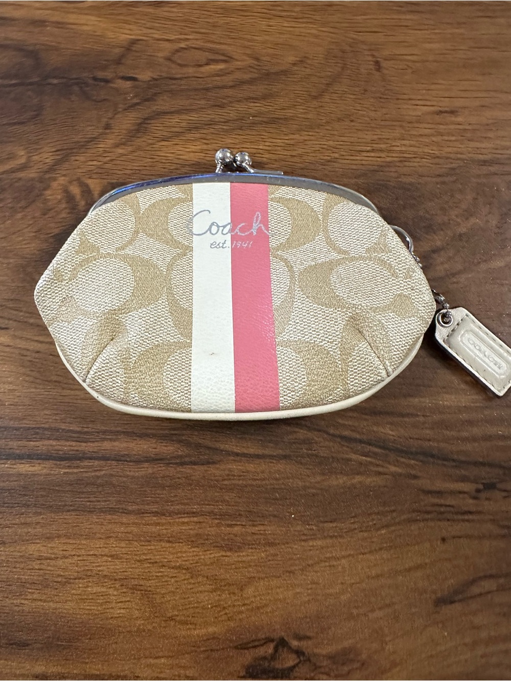 Vtg Coach Signature Canvas Kisslock Coin Purse Pink Stripe Monogram Style Mini